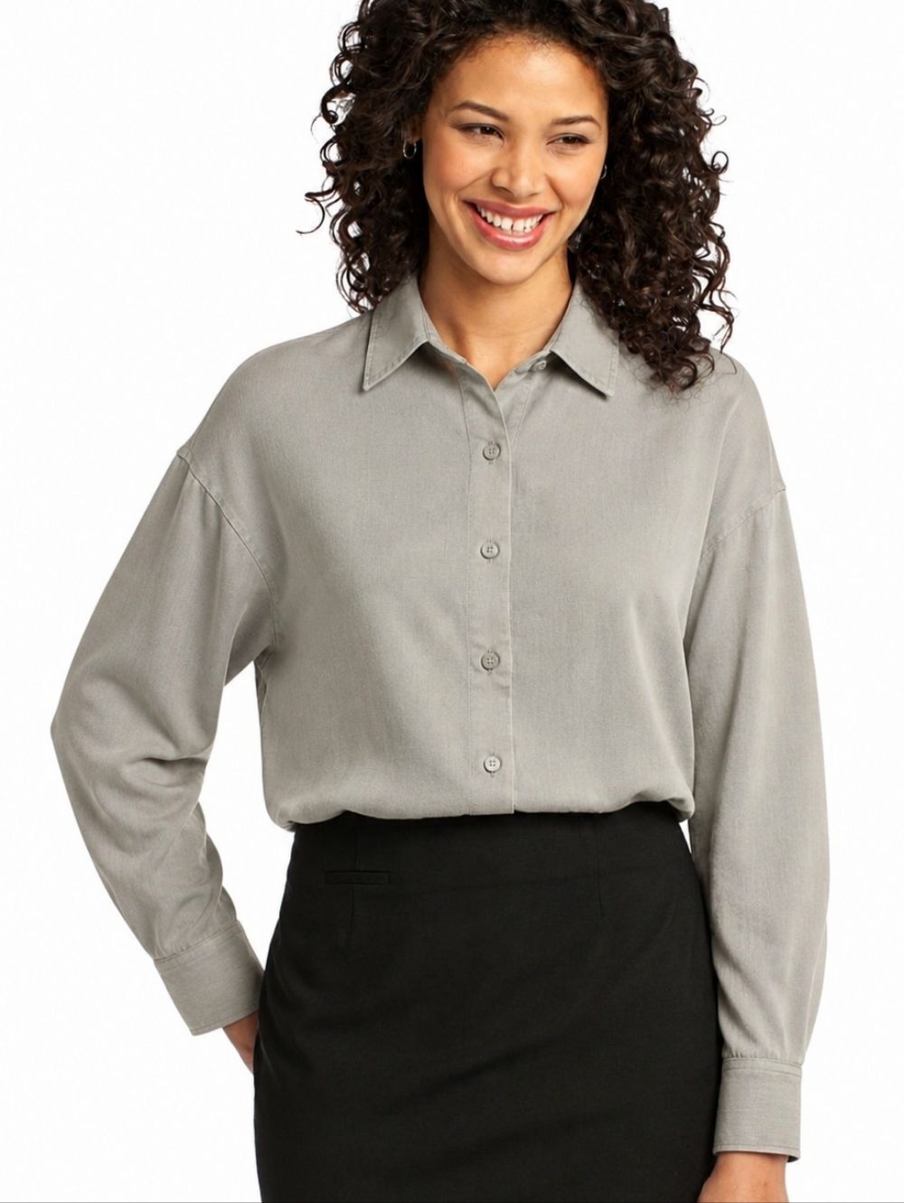 Port Authority Women’s Gray Button Front Long Sleeve Career Blouse XL